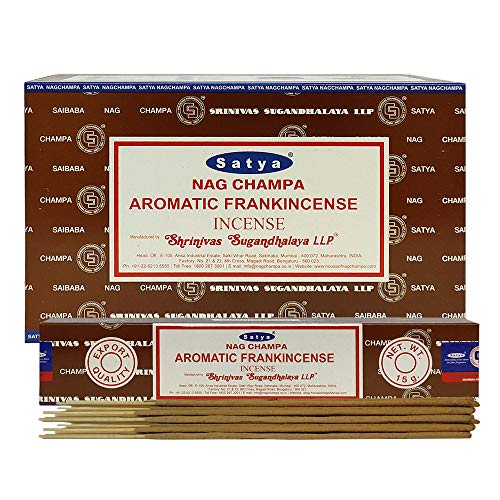 Satya Nag Champa Aromatic Frankincense Incense Sticks Pack of 12 Boxes 15gms Each Hand Rolled Agarbatti Fine Quality Incense Sticks for Purification, Relaxation, Positivity, Yoga, Meditation