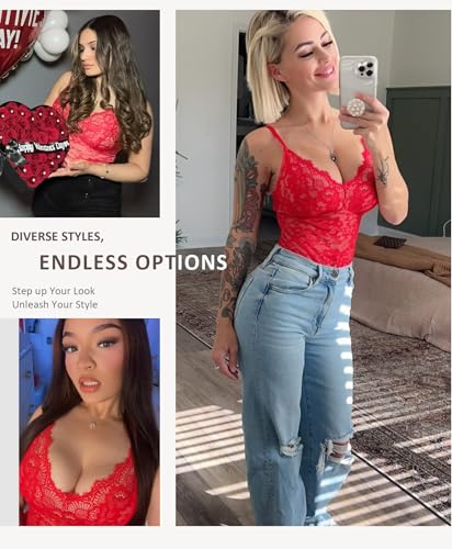 Image of FeelinGirl Shapewear Bodysuits for Women Lace Shapewear Tummy Control V-Neck Sleeveless Bodysuit Tops Jumpsuit
