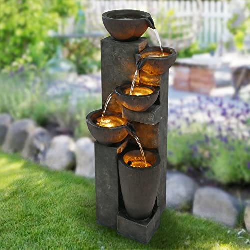 Gardenfans 40″ H 5 Tier Waterfall Fountains Outdoor Floor Standing Fountains with LED Lighting Indoor Resin Decor for Garden Patio, Deck, Porch, Backyard Home Art Decor Brown