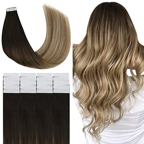 YoungSee Ombre Tape in Hair Extensions Human Hair Short Hair Tape in Extensions Ombre Darkest Brown to Medium Brown with Blonde Balayage Hair Extensions Tape in Human Hair 20pcs 30g