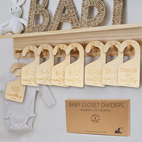 Image of Onyiboer Baby Closet Dividers for Clothes Organizer - Set of 8 Beautiful Wooden Double-Sided Baby Clothes Size Organizer from Newborn to 24 Months for Nursery Decor