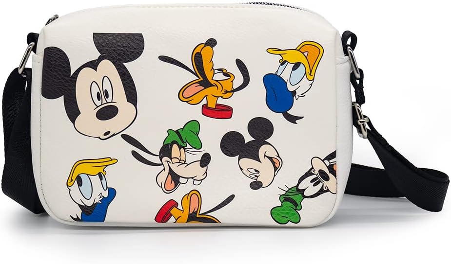 Disney Bag, Crossbody, Rectangle, Disney Mickey and Friends Fab Four Expressions All Over, White, Vegan Leather