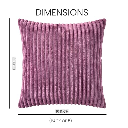 Image of Yellow Weaves Pencil-Stripe Fur Cushion Covers | Soft Polyester | Decorative Sofa & Throw Pillow Covers | 16x16 Inches, Pack of 5 (Purple)