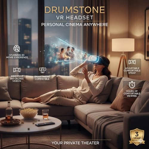 Image of Drumstone Universal Virtual Reality Headset for Smartphones - Adjustable 3D VR Glasses with Immersive HD Lenses - Mobile Gaming and Cinematic Movie Viewer for All Mobile Devices