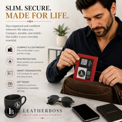 Image of LB LEATHERBOSS Slim Thin Leather Credit Card Triple ID Window Mini Wallet Bifold Driver License Safe (Cherry)
