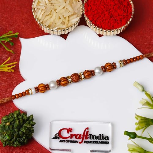Image of eCraftIndia Pearls Beads Rudraksha Rakhi for Brother with Gift Combo Set Hamper | Raksha Bandhan Rakhi for Bhai Bhaiya | Best Bro Ever Fridge Magnet | Roli Chawal Pack