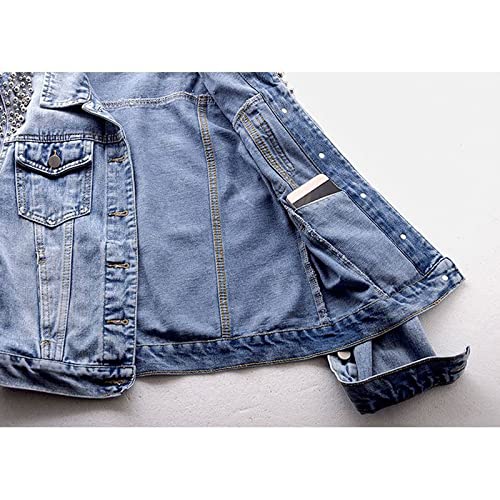 Wpyyi Women Wash Long Sleeve Beaded Embroidered Floral Slim Fit Short Denim Jackets Casual Jean Jacket Denim Coat (Color : Blue, Size : L Code) #TOP6