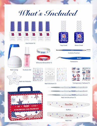 Image of Beetles 4th of July Nails Gel Nail Polish Kit with U V Light, 6 Colors Red White Blue Independence Day Nail Gift Set, HEMA-Free TPO-Free Gel Polish, Base Top Coat Stickers Nail Art Tools DIY for Women