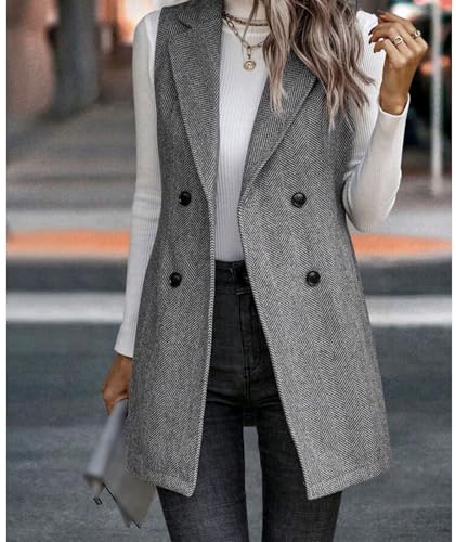 SEMATOMALA Wool Blend Long Vest for Women Sleeveless Tweed Blazer Jacket Longline Cardigan Outerwear3
