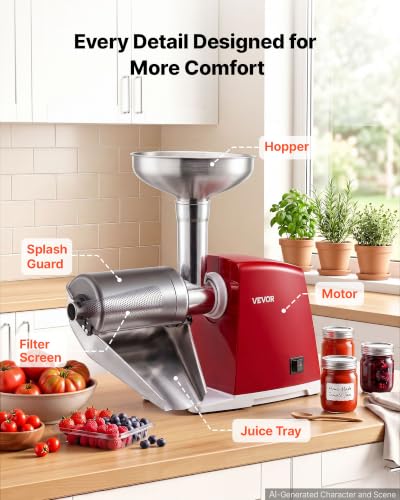 Foto von VEVOR Tomatenpresse Elektrisch Max. 800 W Edelstahl 304 Passiermaschine Rot