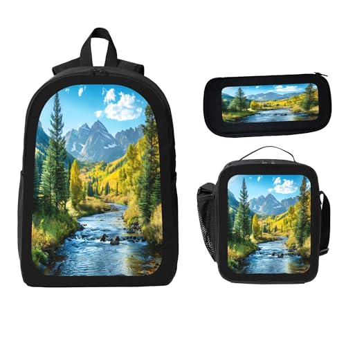 3PCS Backpack for Women Men With Lunch Box Pencil Bag 17 Inch Lightweight Adjustable Strap Back Pack 3 In 1 Set Landscape River Mountain Casual Daypack Unisex Fit Travel Work Camping