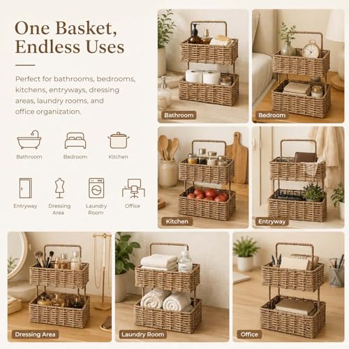 Image of Amazon Brand - Umi Handwoven Raffia Wall Hanging 2 Tier Storage Basket Organizer with 2 Self Adhesive Hooks & 4 Hooks Natural Wicker Shelf Basket for Bathroom Living Room Office (26x18.5x34 cm)