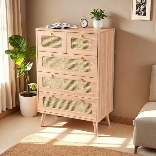 Cajonera de 5 cajones de ratán, armario de almacenamiento moderno con asas doradas, mueble de almacenamiento bohemio estilo mueble de madera, para sala de estar (Color madera, 60x34x91 cm(5 Cajones))