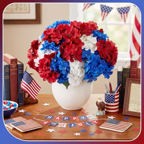 Image of Suncalla 12 Bundles Red White and Blue Artificial Flowers for Outdoors Bulk 20'' Patriotic Flower Decor Faux Cemetery Flowers Garden Veterans Day Decor (Blue Red and White)