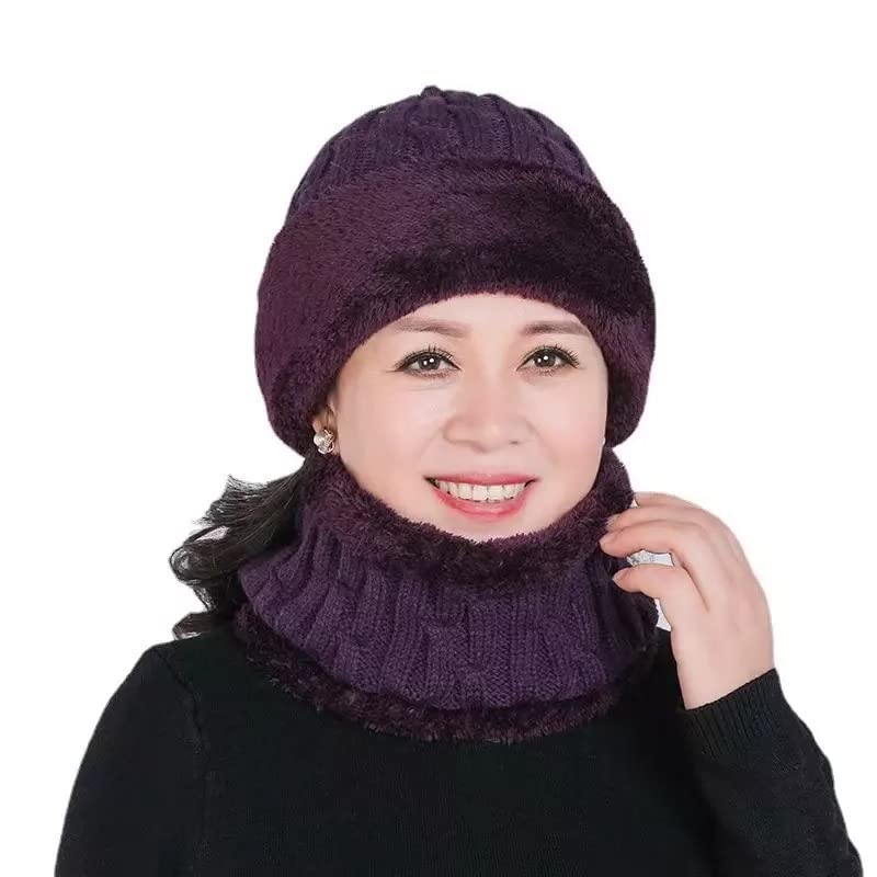 DressifyWomen Fashion Winter Woolen Hat Plus Velvet Thickening Warm Windproof Cycling Knit Beanie Fur Scarf Bonnet Cap Purple Color