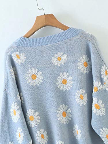 Women's Floral Knitted Daisy Sweater Cardigans Long Sleeve V Neck Loose Button Down Vintage Cottagecore Sweater Top #TOP2