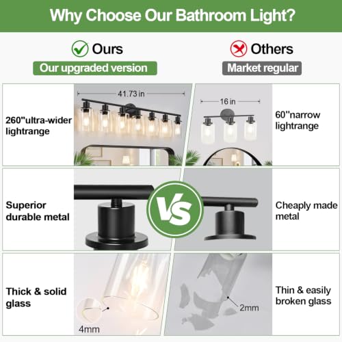 Image of Zarbitta 7-Light Bathroom Light Fixtures, Black Modern Vanity Lights with Clear Glass Shade, Bathroom Wall Lamp, for Mirror, Kitchen, Living Room, Hallway, Cabinet