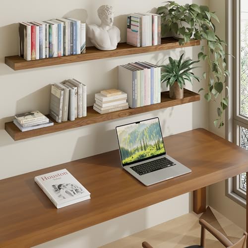 Image of ROGMARS 48 Inches Long Walnut Floating Shelves | Rustic Solid Wood Farmhouse Wall Shelves with Invisible Brackets for Bathroom, Living Room, Bedroom, Kitchen Set of 2