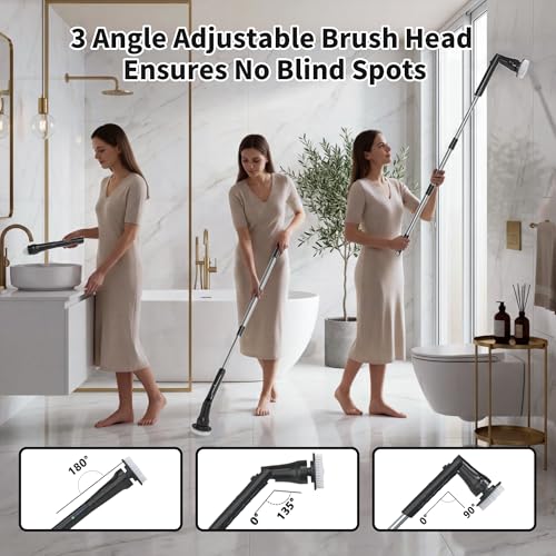 Image of Hillyfe Black Electric Spin Scrubber, Cordless Shower Scrubber with Long Handle, Power Tub & Floor Scrubber, Shower Cleaner Brush for Bathroom, Grout and Tile, 7 Heads, IPX7 Waterproof