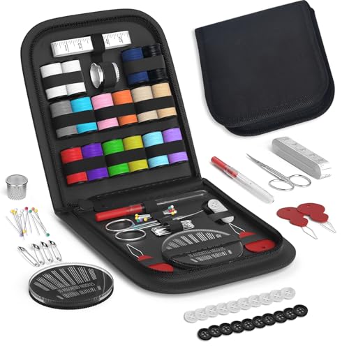 Sewing Kit Gifts for Grandma, Mom, Friend, Traveler, Adults, Beginner, Emergency,Sewing Supplies Accessories with Scissors,Sewing Needles Thimble, Thread,Tape Measure etc (Black, S)