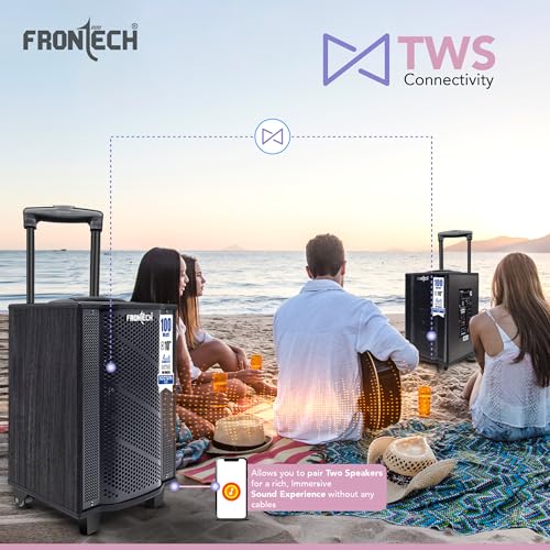 Image of FRONTECH Nocturn Neo Trolley Speaker | 100W Powerful Sound | Wireless Microphones | USB /TF /Bluetooth /FM | Guitar & MIC Input | Rechargeable Battery (SW-0225, Black)
