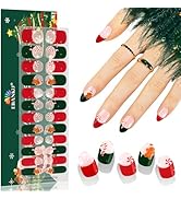 EBANKU 24PCS Christmas Semi-Cured Gel Nail Strips, French Snowflakes Candy Gingerbread Man Adhesi...