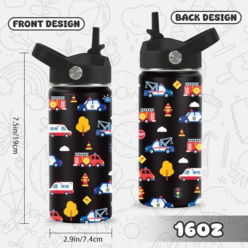 Botella de Agua Construction para Niños, Termo de Acero Inoxidable Aislado de 16oz con Tapa y Pajilla, Diseño de Vehículos de Rescate de Emergencia miniatura 3