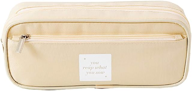 HugeDE Large Capacity Pencil Case Pencil Pen Bag Stationery Pouch Organizer with Double Compartment for Teenage Boys Girls Beige