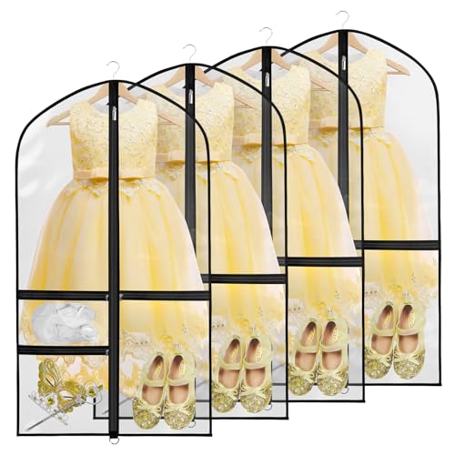 Zilink Kids Garment Bag for Dance 40” Dance Garment Bags for Dancers Cheer Uniform Garment Bag with 3 Clear Zipper Pockets，Set of 4 (Clear/Black)