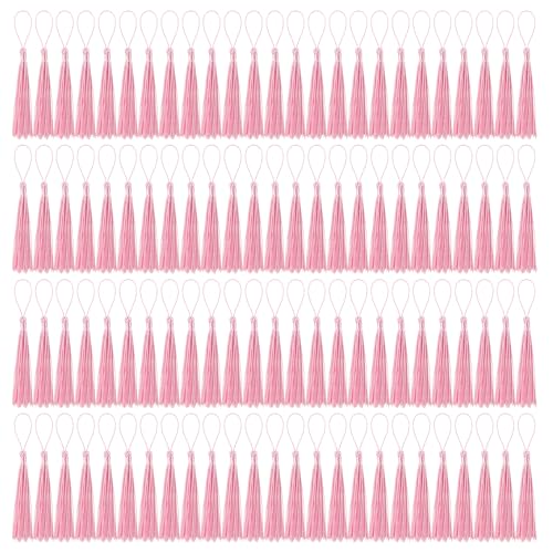 Image of 100 Pcs Bookmark Tassels Bulk Pink Soft Craft Silky Handmade Mini Tassels for Jewelry Making with Loops for DIY Craft Accessory Dress Decoration