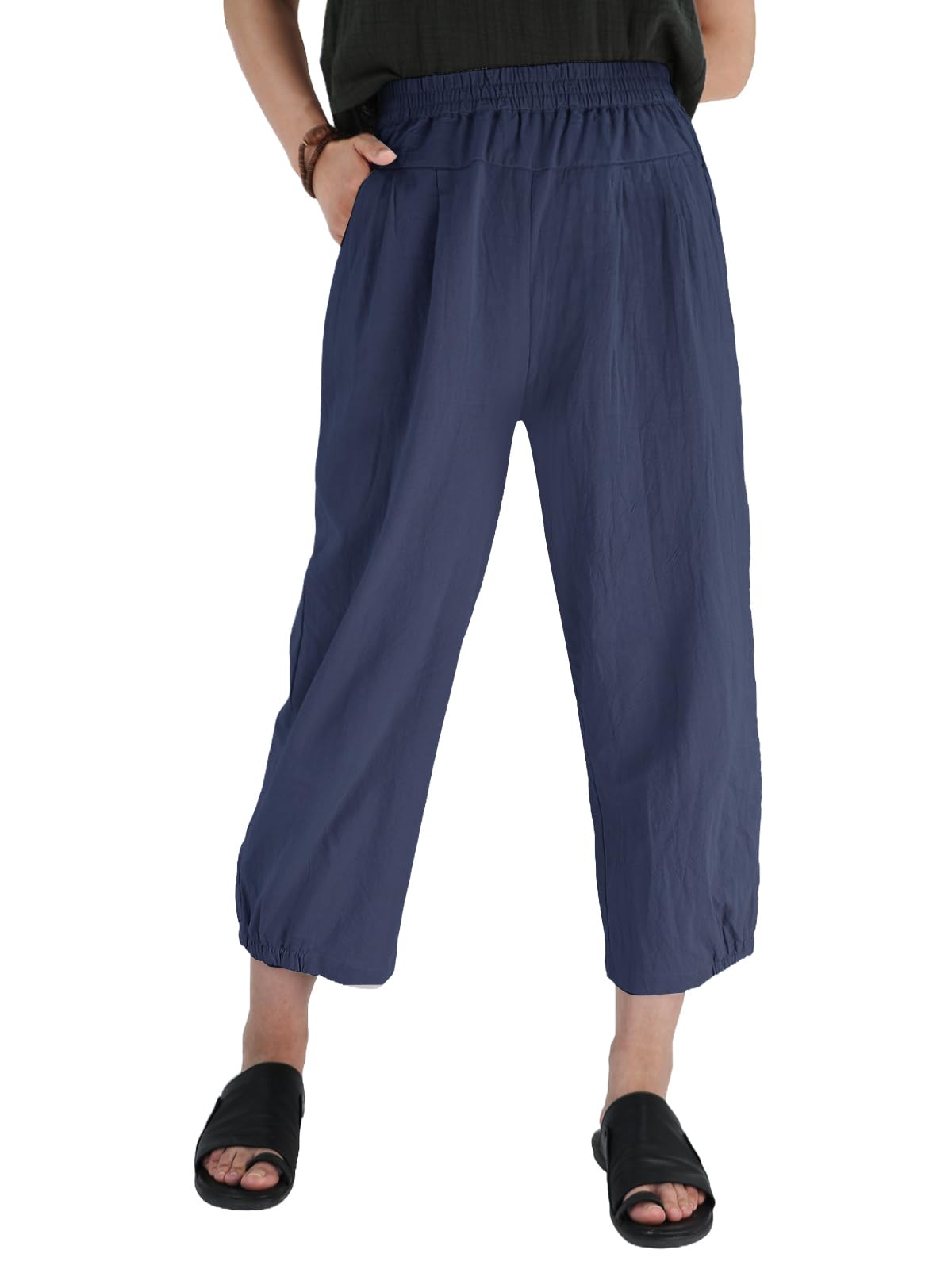 Les umes Dames Katoenen Casual Capribroek Elastische Taille Zomerbroek Harembroek met, grijs, S