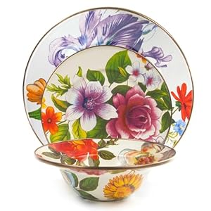 MACKENZIE-CHILDS 3-Piece Enamel Place Setting with 10-Inch Round Dinner Plate, 8-Inch Salad/Dessert Plate, and 7.5-Inch Breakfast Bowl, White Flower Market