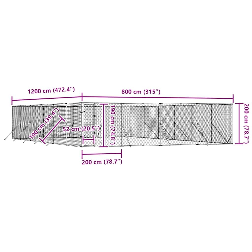 Perrera para perros de acero galvanizado para exteriores, 8 x 12 x 2 m, resistente a la intemperie con puerta con cierre, ideal como establo para perros, pico, recinto al aire libre para