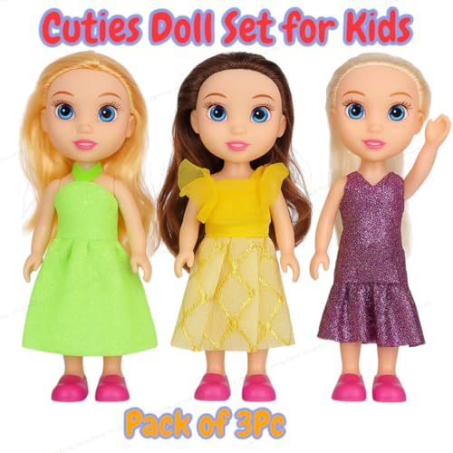 Image of SHAKTISM Cuties Doll Set for Kids, Dress DesignBaby Doll Set, 6 Inches, PVC Non-Toxic, Moveable Arms & Legs, Assorted Dresses, Pack of 3