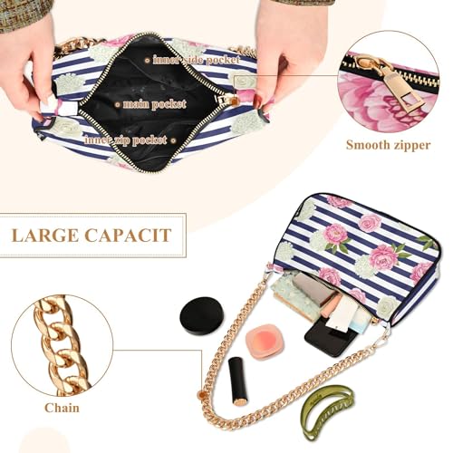 Zipper Evening Clutch Purse Pink Floral White Peonies Blue Clutch Handbag Women Prints Shoulder Purses with Chain Strap4