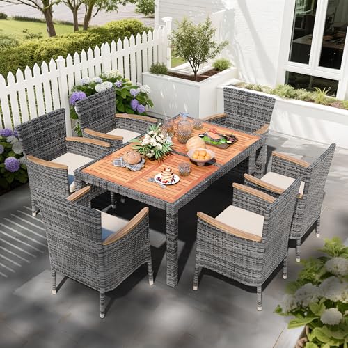 Image of Shintenchi 7 PCS Patio Dining Set, Wicker Patio Conversation Set with Wooden Table Top, Outdoor Table and Chairs with Soft Cushions for Backyard, Deck and Garden, Grey Rattan