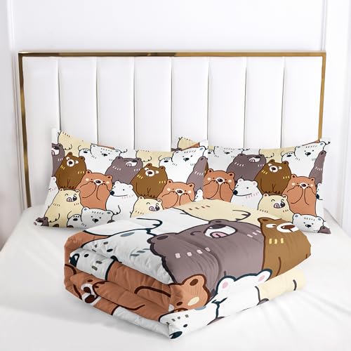 Image of AILONEN Cartoon Bear Comforter Set Queen Size, Kawaii White Polar Bears Bedding Set for Kids Girls Boys,Bear Animal Printed Bed in a Bag,3 PCS Included 1 Comforter 2 Pillowcases for All Season