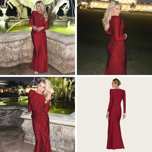 Image of RARITYUS Women's Elegant Knot Ruched Long Sleeve Maxi Dress Shoulder Pads Long Formal Dress Cocktail Evening Party Dress