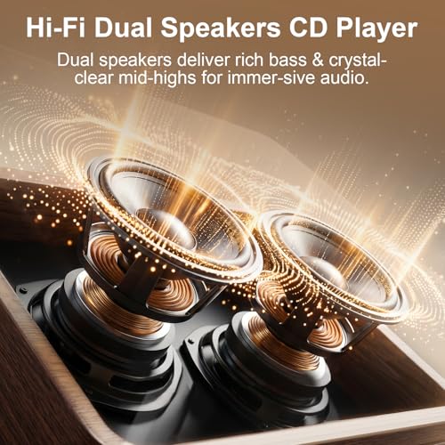 Image of Gueray Retro CD Player Portable Bluetooth CD Players with Speakers Vintage CD-Player 3600mAh Rechargeable & Radio & Remote Control Support USB /AUX Playback Headphone Jack (Walnut Color)
