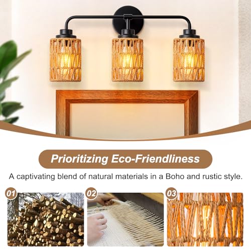 Image of Farmhouse Bathroom Light Fixtures, 3-Light Boho Vanity Lights | Hand Woven Rattan Wicker Shades, Rustic Vanity Lighting Over Mirror for Bedroom Bathroom Hallway Foyer Restroom