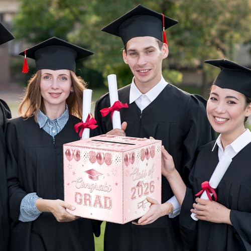 Image of Pink Graduation Congrats Card Box, Class of 2026 Rose Gold Graduation Party Decorations Money Card Boxes Holder, Graduation Gift Card Box for Grad Parties Supplies 8.7 x 8.7 x 8.7 Inch
