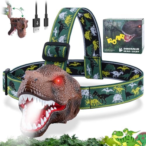 Nitigo Dinosaur Headlamp for Kids Flashlight Rechargeable Led Headlights Roar & Silent Mode, T-Rex Dinosaur Toys, Camping Gear, Gifts for Boys Girls Adults