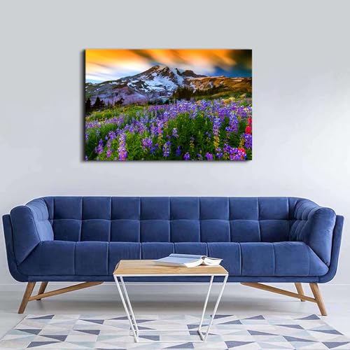 Image of Nature Flowers Landscape Wall Art Mountain Canvas Artwork Purple Floral Picture Wall Decor, Modern Wilderness Scenic Framed Painting for Living Room Bedroom Bathroom Office Home Decoration 32x48 inch