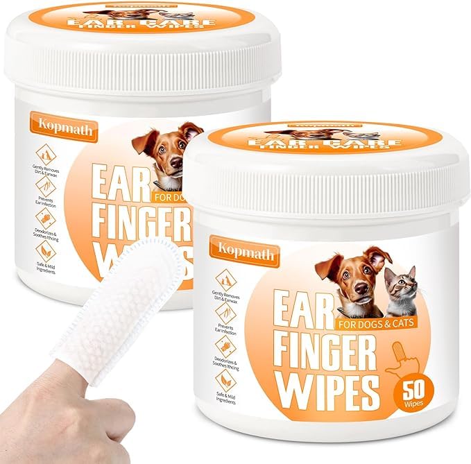 Dog Ear Wipes, Ear Cleaner Finger Wipes for Dogs & Cats, Gently Remove Earwax & Odor, Soothe Ear Itching and Infection, Easy to Use, Natural Cat Ear Wipes for Dogs, 50 Disposable Count