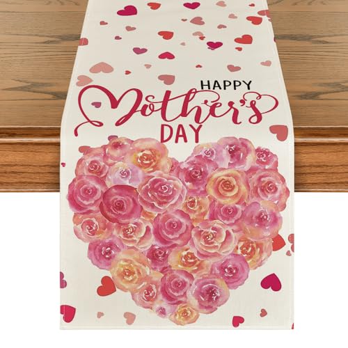 Artoid Mode Love Heart Mother's Day Table Runner, Seasonal Spring Floral Kitchen Dining Table Decoration for Home Party Decor 13x72 Inch