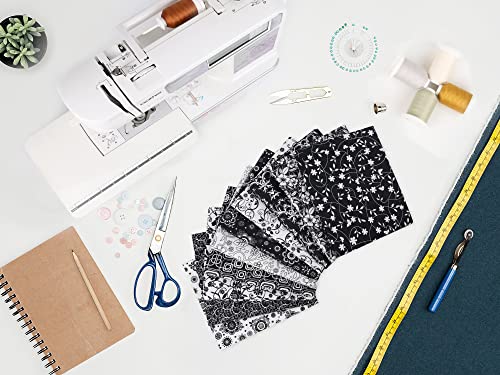 Craftido 10pcs 18”x21”(46x53cm) Fat Quarters Fabric Bundles - Medium Weight 145g - 100% Cotton Fabric for Quilting, Sewing, Patchwork, DIY and Handmade Crafts - Black & White Flower