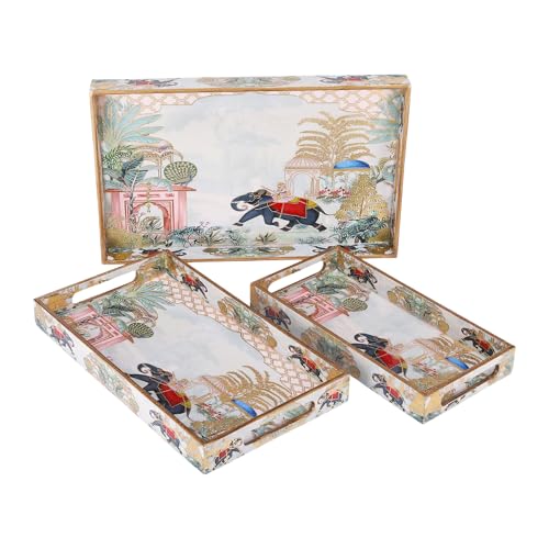 Image of Rectangular Wooden MDF Serving Trays Set of 3 (16x10, 14x8, 12x6 Inches) - Enamelled Finish with Easy-Grip Handles, Perfect for Dining, Tea, Snacks & Home Decor (Red Elephant Tray)