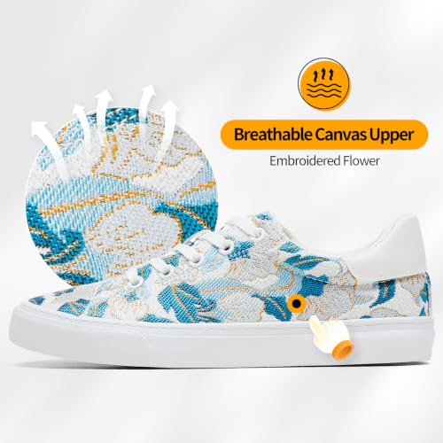 Image of ZGR Women's Canvas Tennis Sneakers Low Top Embroidery Breathable Casual | Low top canvas sneakers, breathable, blue floral embroidery with gold trim, for casual daily wear.