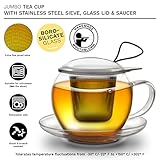 Creano XXL Tea Cup with Handle - Jumbo - with Integrated Stainless Steel Sieve, Lid and Saucer - in a Set with 2 Blooming Tea in Cupsize, 450Ml- Transparent, 3 Piece Set - Image 3
