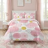 WeCozy Queen Size Comforter Set with 2 Pillowcases, Pink Golden Dot Polka Soft 3 Pcs Bedding for Kids and Adults Bedroom Bed Decor